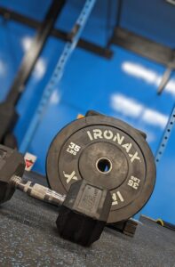 a weight plate on a rack